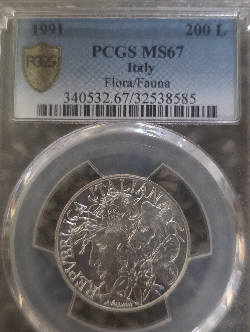 MS67 Italy 1991 200 L Silver Coin -flora/Fauna Certified